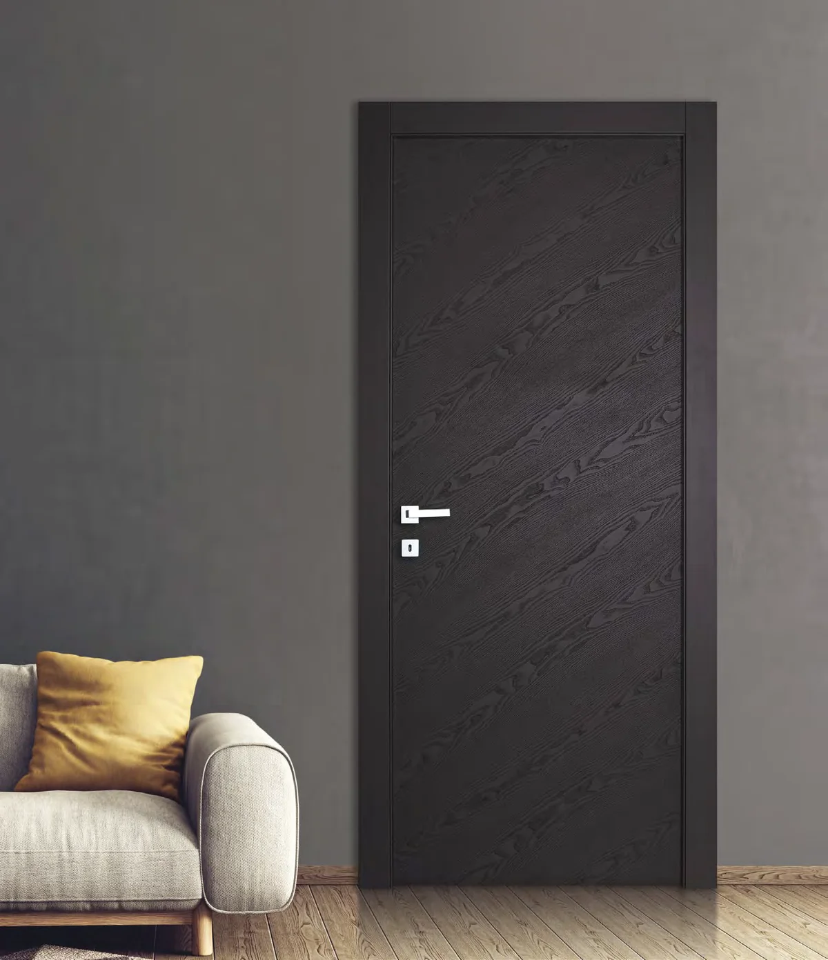Porta interna GEO 230: frassino nero a poro aperto; telaio laccato